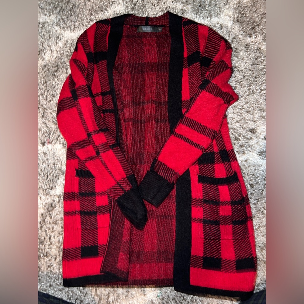 red and black cardigan